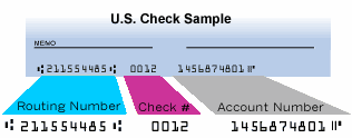 The routing number is in the lower left of this sample check; the check number is in the bottom center; and the account number in the bottom right.