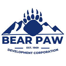 Bearpaw Logo - blue bearpaw over mountains