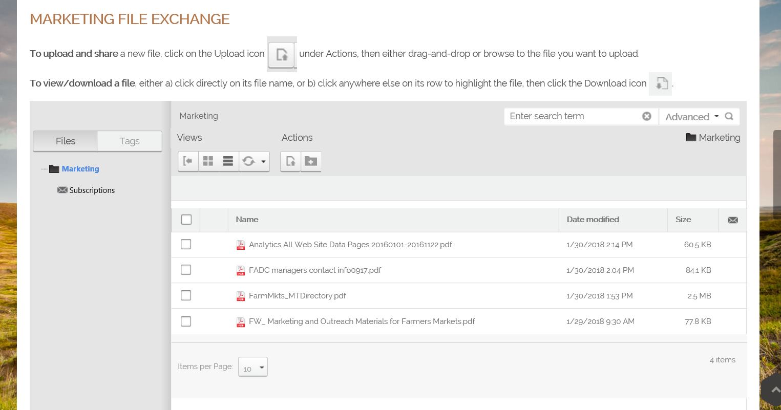 An example of the File Exchange section of a page on the Farmers Market Portal from the Montana Department of Agriculture.