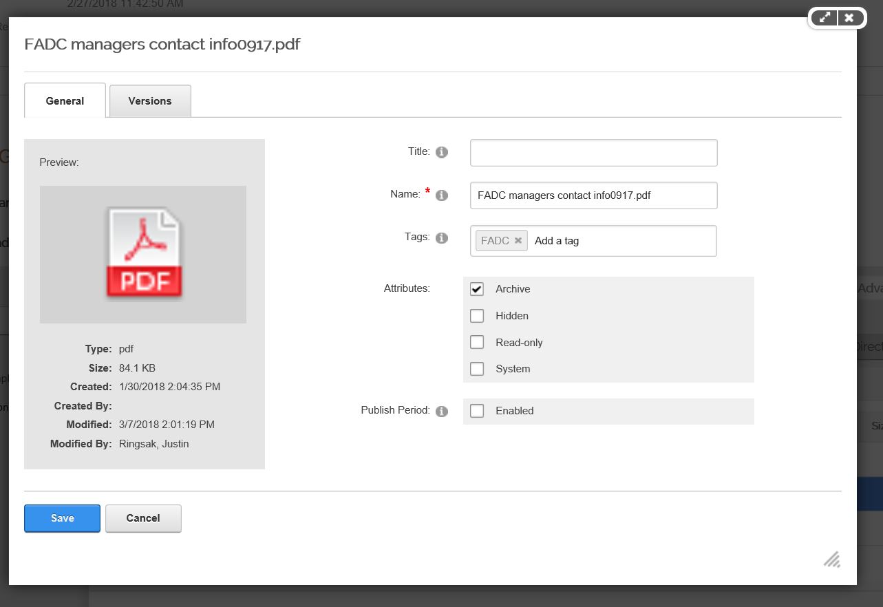 The File Properties pop up window