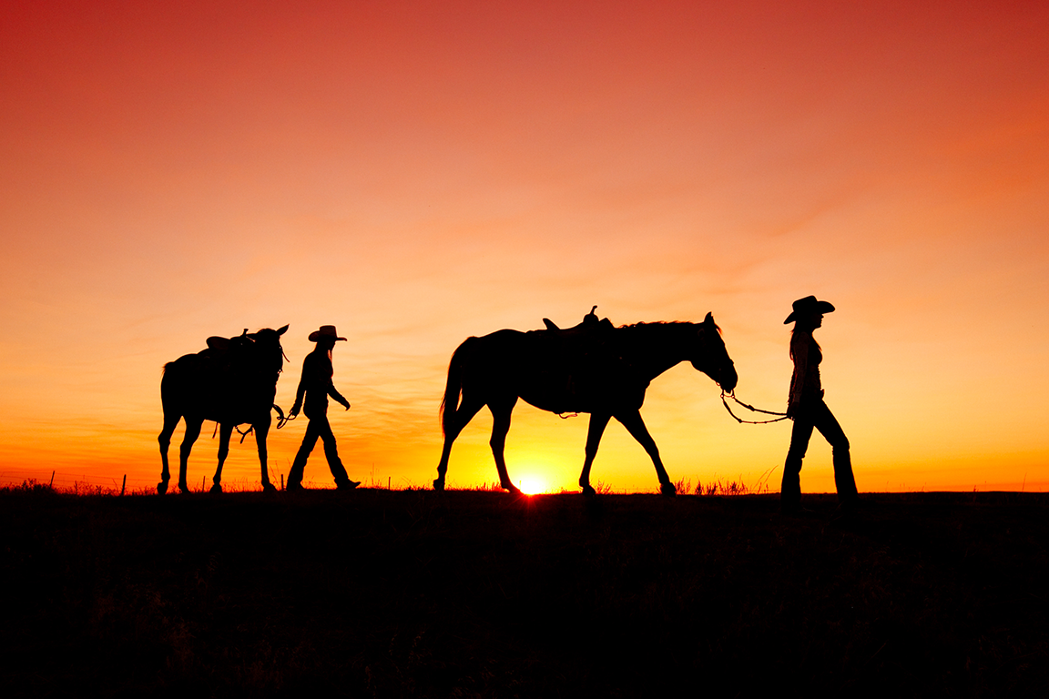 Cowboy and Cowgirl leading horses in sunset