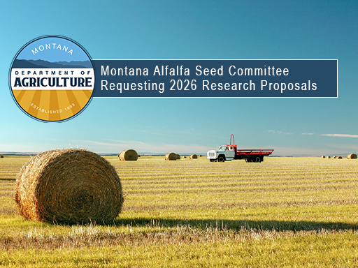 Round hay bales in field with text overlay announcement