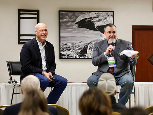 Gianforte (left) speaking with MABA Presient Tanner Hoversland (right) during the MABA annual convention in Great Falls