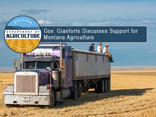 Grain truck in field with text overlay announcement