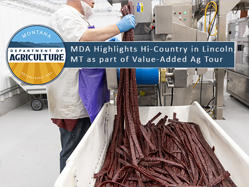 Worker puts long strands of beef jerky into machine to be cut with text overlay announcement