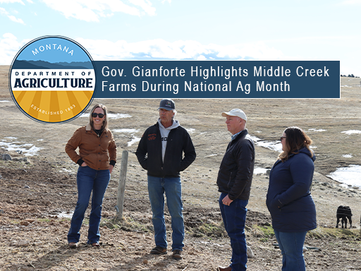 Gov Gianforte with Dale Flikkema and Director Streit with ranch in background at Middle Creek Farms