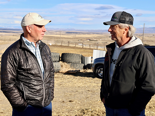 Governor Gianforte talks with Dale Flikkema of Middle Creek Farms