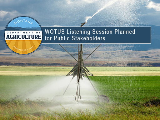 Irrigation pivot with mountains in the background with text overlay announcement