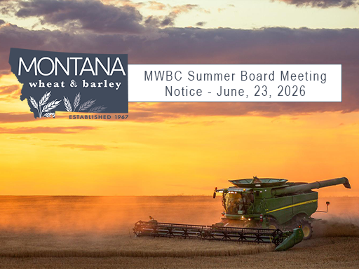 Combine in field of wheat with text overlay announcement
