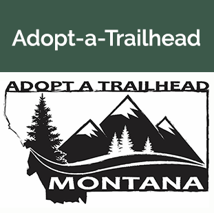 Adopt-a-Trailhead logo Montana map with mountains trees and trail