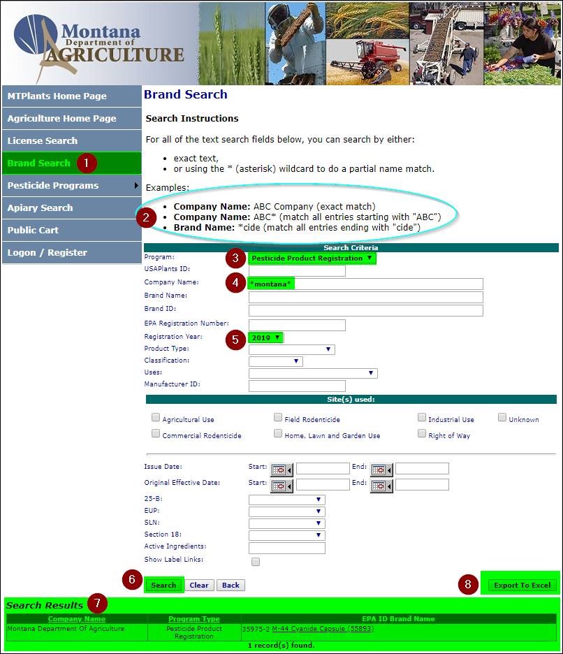 A screenshot from the MTPlants application Pesticide Brand Search - please contact the Montana Department of Agriculture if you require accommodation assistance with the MTPlants application.